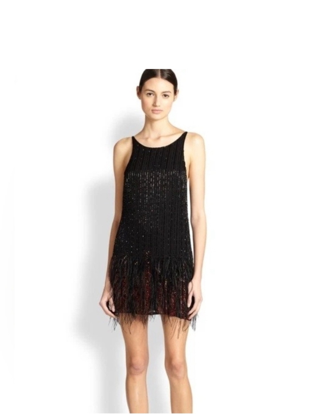 NWT Parker Monaco Beaded Feather Flapper Mini Dress Large Black Cocktail $495 L